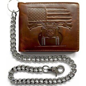 Distressed Brown Leather 10 Card Slots Patriotic Biker Wallet with Chain for Men